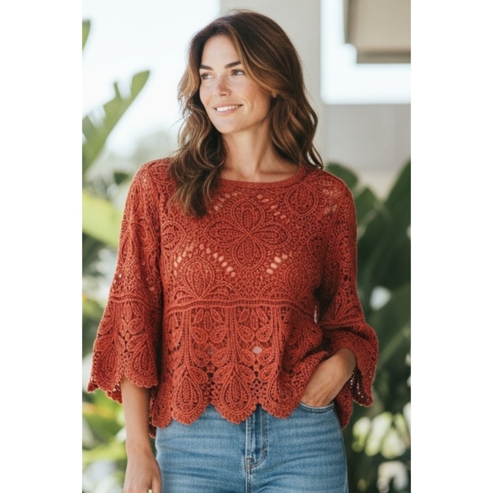 Bluivy Womens Sweater Cotton Crochet  Large‎ Cottagecore Bohemian Festival